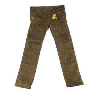 Robins Jeans Mens 36 Tan Biker Ribbed Paint Splatter Swarovski Stud Pockets Zip